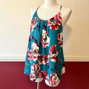 Lucky Brand Chiffon Tank Top Size S Teal Pink Floral Swing Tulip Hem Racer Back